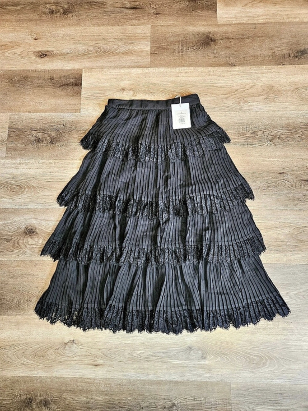 Rachel Parcell Whimsy Tiered Maxi Skirt Pleated Lace Maxi Skirt Black Size 4 NWT